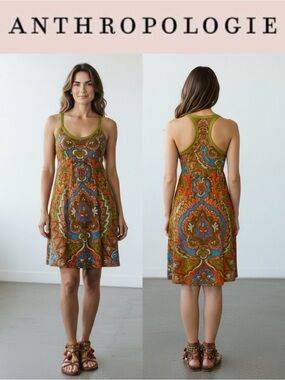 ANTHROPOLOGIE MOULINETTE SOEURS  SILK BOHO PAISLEY RACERBACK MIDI DRESS SIZE 6